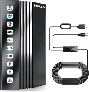PHILCO TV Antenna, Indoor Antenna for Smart TV, 400  Miles Long Range, HD Digital Antenna with Amplifier Signal Booster for Local Channels, Supports 4K 8K 1080p with 16 FT. Cable