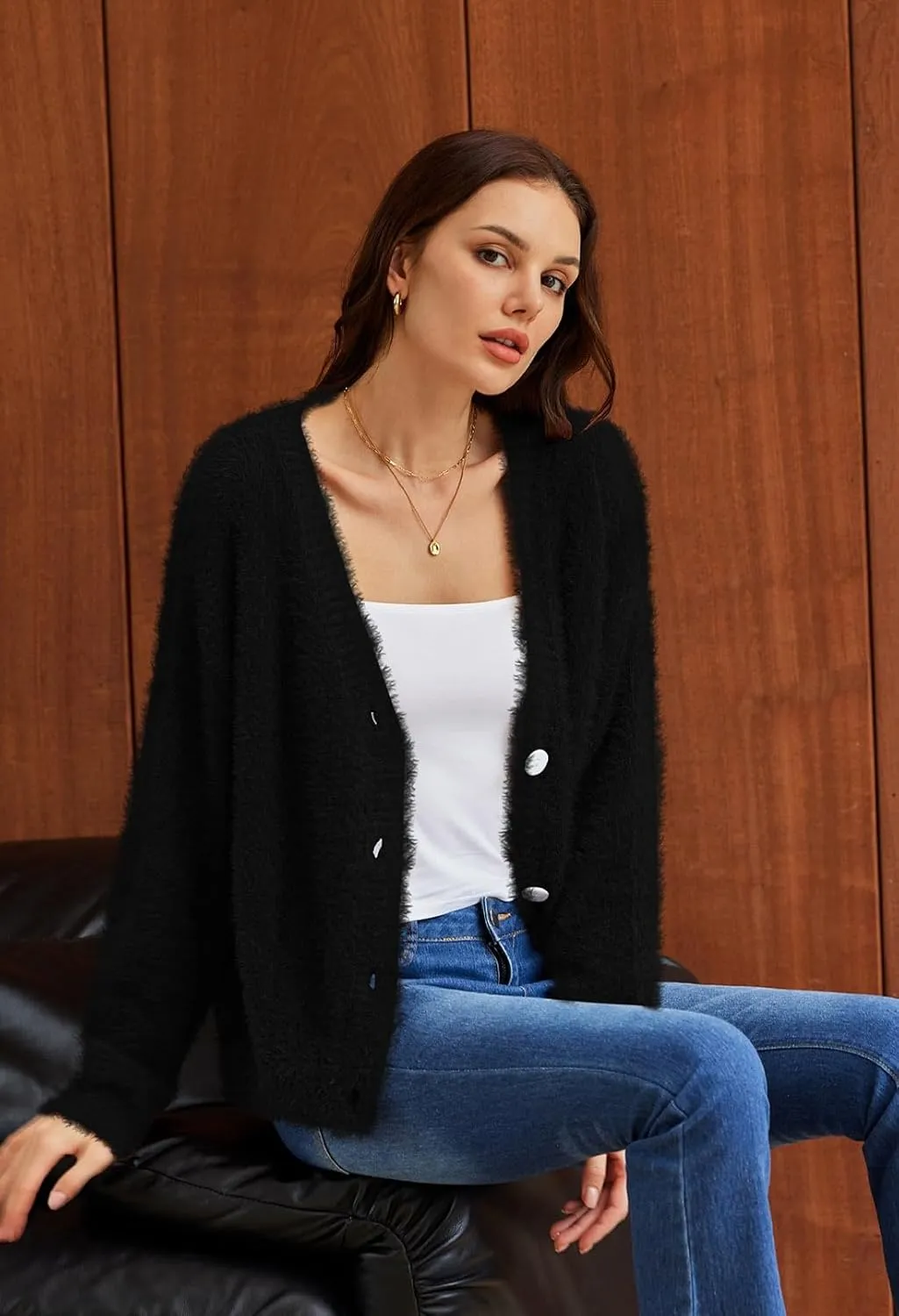 Pink Queen Women's Furry Cropped Cardigan Batwing Sleeves Open Front V-Neck Button Down Loose Casual Knit Sweater Coat
