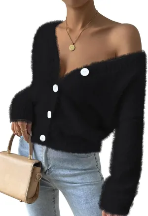 Pink Queen Women's Furry Cropped Cardigan Batwing Sleeves Open Front V-Neck Button Down Loose Casual Knit Sweater Coat