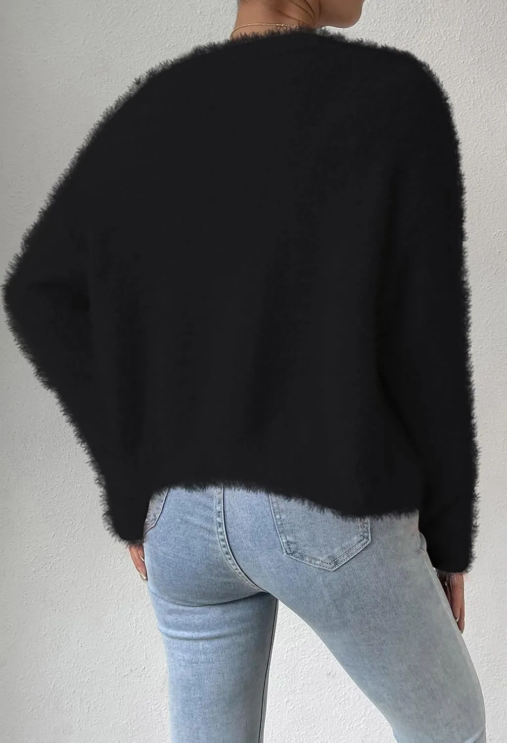 Pink Queen Women's Furry Cropped Cardigan Batwing Sleeves Open Front V-Neck Button Down Loose Casual Knit Sweater Coat