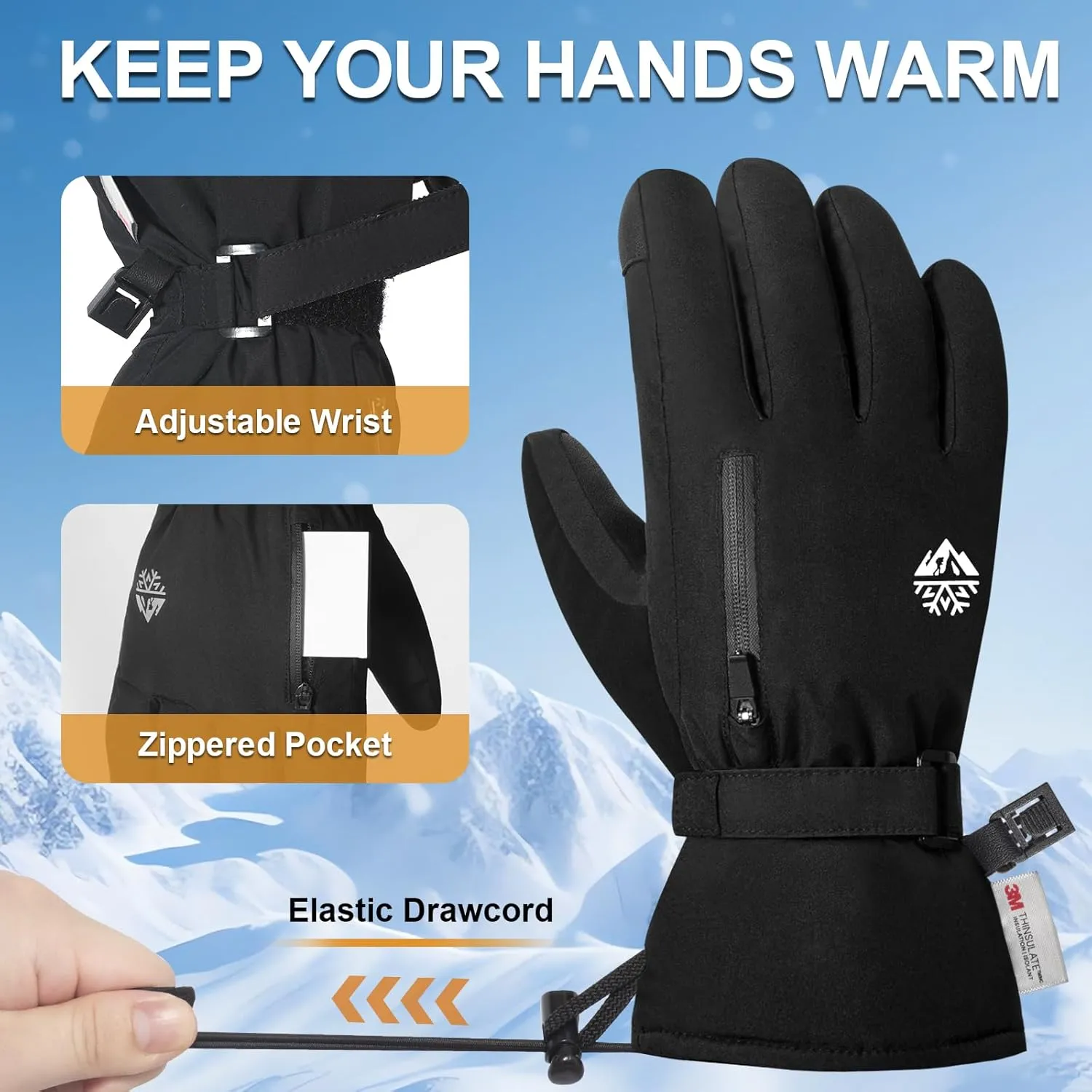 Pixel Panda Ski Gloves - Waterproof & Windproof, 3M Thinsulate Insulated, Touchscreen Compatible, Anti-Slip, Black, Adult Men's Skiing Gloves for Cold Weather & Snow Sports