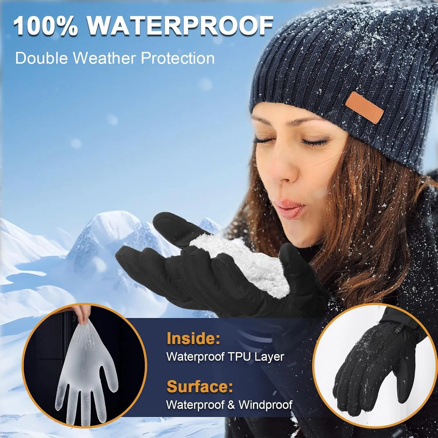 Pixel Panda Ski Gloves - Waterproof & Windproof, 3M Thinsulate Insulated, Touchscreen Compatible, Anti-Slip, Black, Adult Men's Skiing Gloves for Cold Weather & Snow Sports