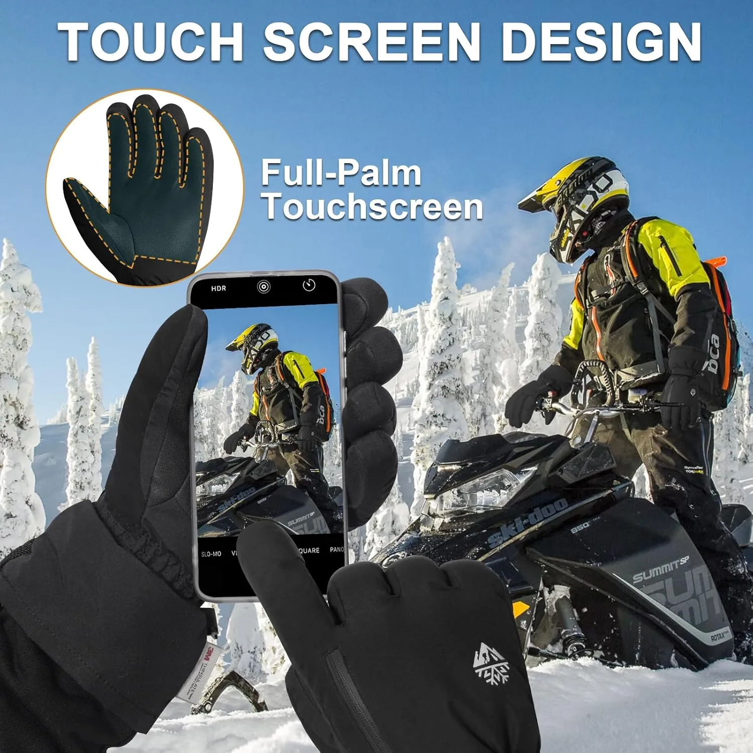 Pixel Panda Ski Gloves - Waterproof & Windproof, 3M Thinsulate Insulated, Touchscreen Compatible, Anti-Slip, Black, Adult Men's Skiing Gloves for Cold Weather & Snow Sports