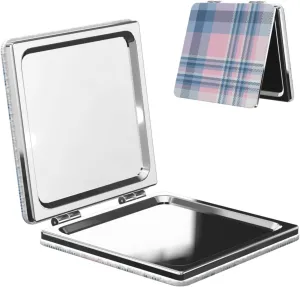 Plaid Pink Blue Women Small Makeup Mirror Compact Handheld Cosmetic Mirror for Purse Pocket