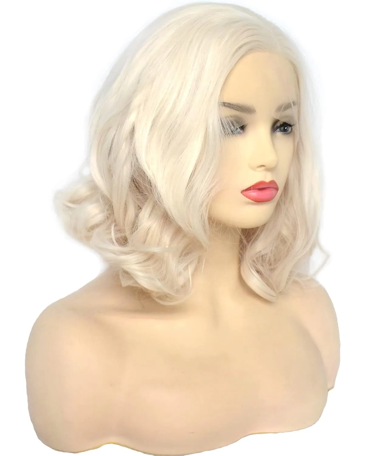 Platinum Blonde Lace Front Wig Short Bob Style White Blonde 60# Wavy Curly Synthetic Hair Side Part Half Hand Tied Replacement Full Wigs 12 Inches for Women Girls