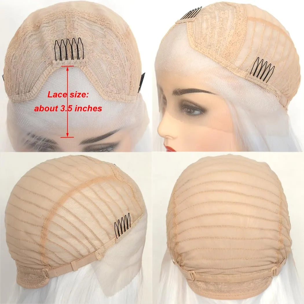 Platinum Blonde Lace Front Wig Short Bob Style White Blonde 60# Wavy Curly Synthetic Hair Side Part Half Hand Tied Replacement Full Wigs 12 Inches for Women Girls