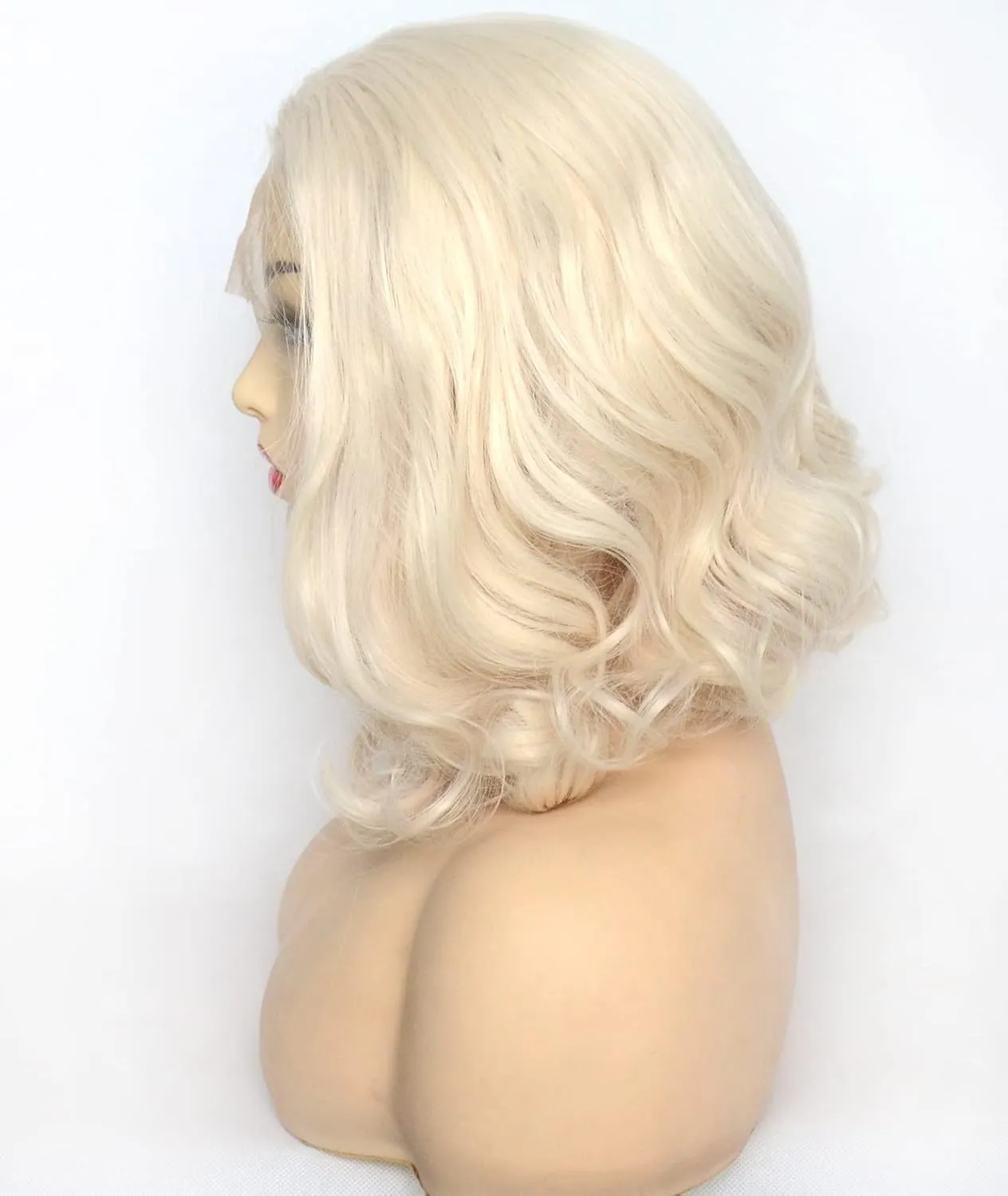Platinum Blonde Lace Front Wig Short Bob Style White Blonde 60# Wavy Curly Synthetic Hair Side Part Half Hand Tied Replacement Full Wigs 12 Inches for Women Girls