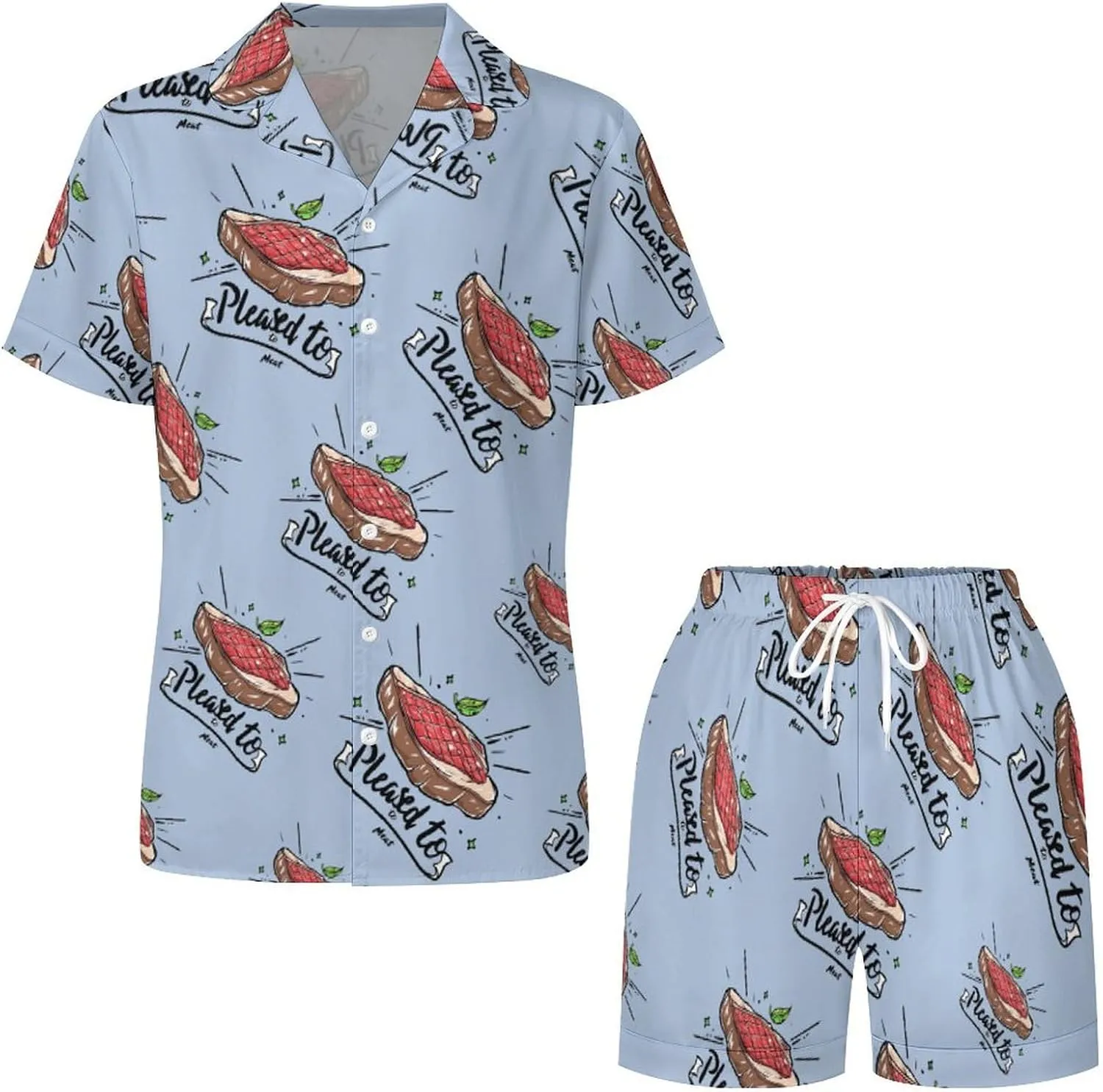 Pleased to Meat Funny Women's Satin Pajama Set Short Sleeve Button Down Sleepwear Loungewear Pj Set