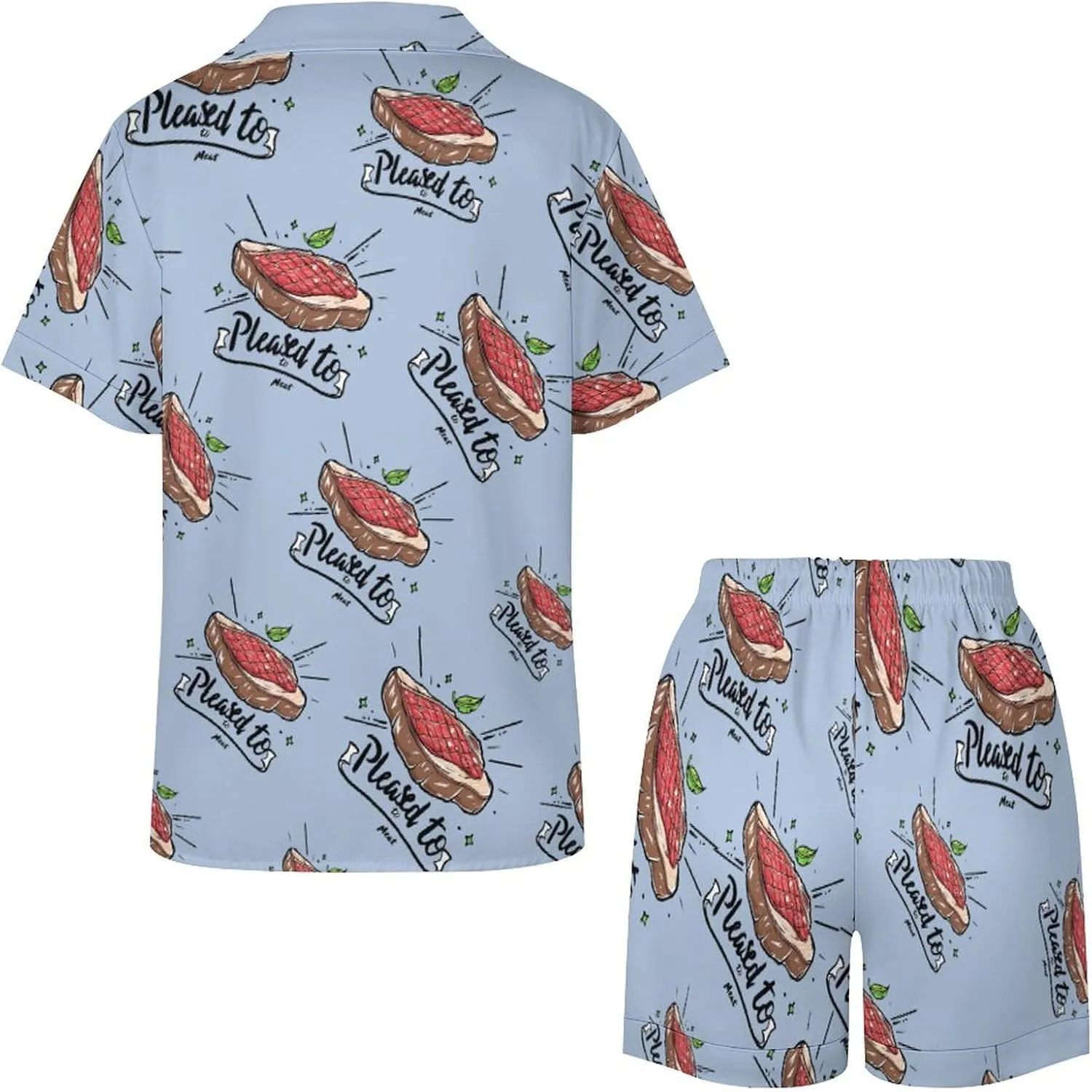 Pleased to Meat Funny Women's Satin Pajama Set Short Sleeve Button Down Sleepwear Loungewear Pj Set