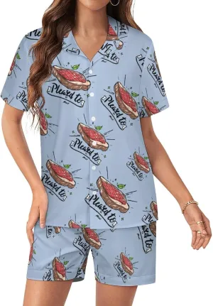 Pleased to Meat Funny Women's Satin Pajama Set Short Sleeve Button Down Sleepwear Loungewear Pj Set