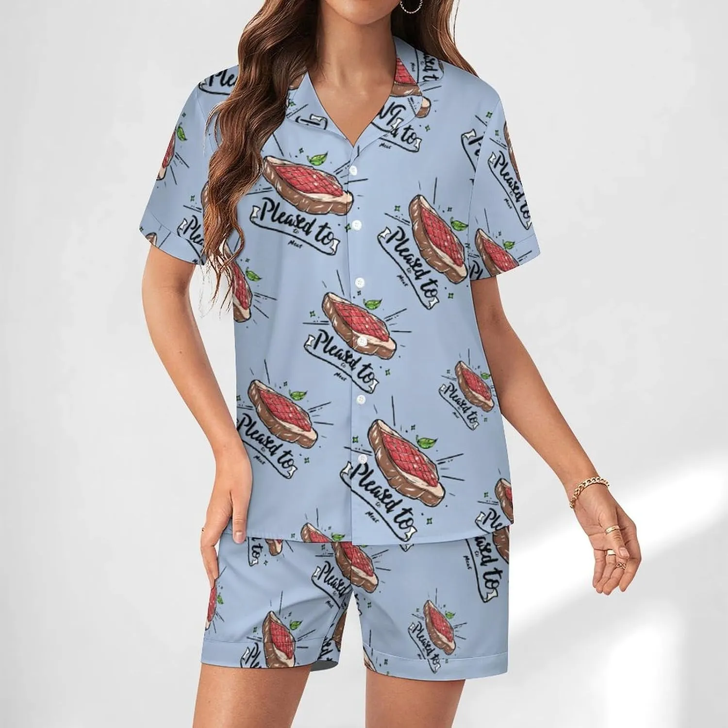 Pleased to Meat Funny Women's Satin Pajama Set Short Sleeve Button Down Sleepwear Loungewear Pj Set
