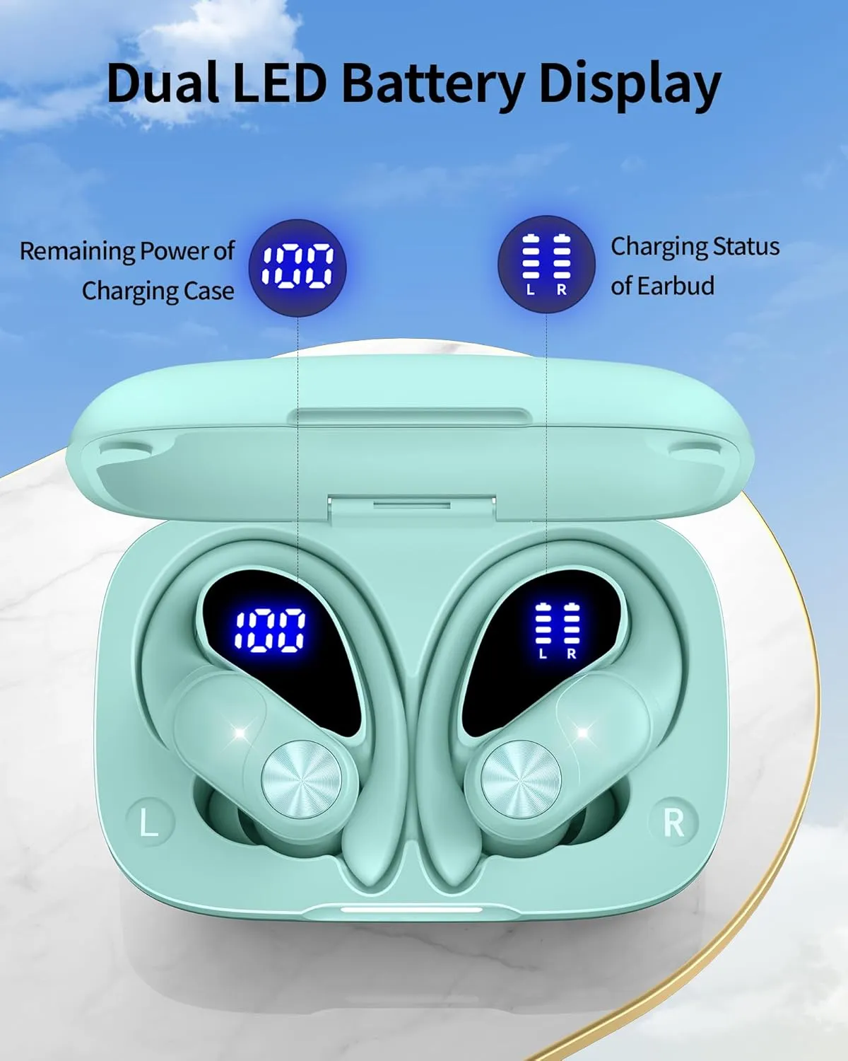 PocBuds Bluetooth Headphones Wireless Earbuds 80hrs Playtime Wireless Charging Case Digital Display Sport Ear buds with Earhook Deep Bass IPX7 Waterproof Over-Ear Earphones for Phone Laptop Mint Green