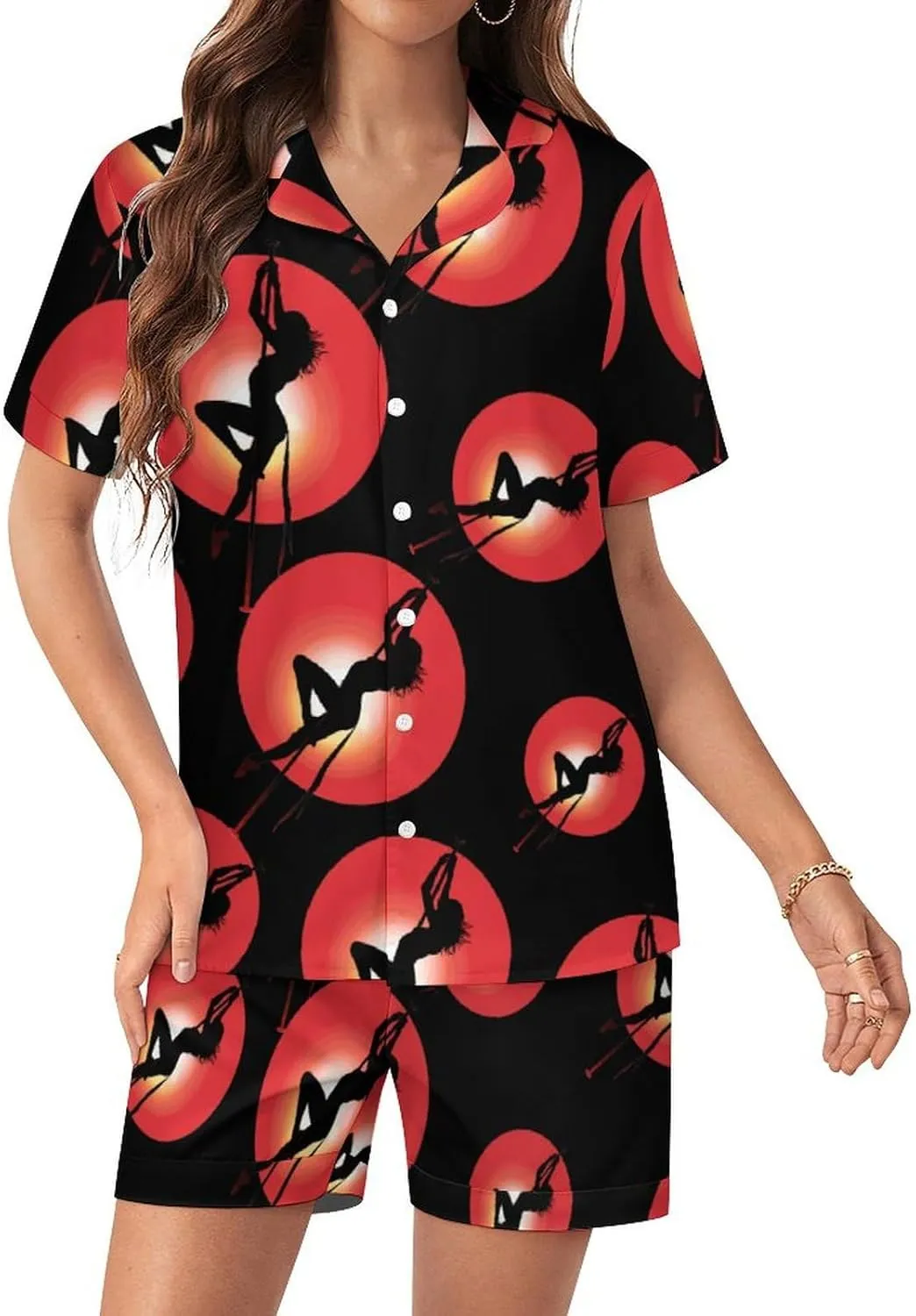 Pole Fitness Dance Women's Satin Pajama Set Short Sleeve Button Down Sleepwear Loungewear Pj Set