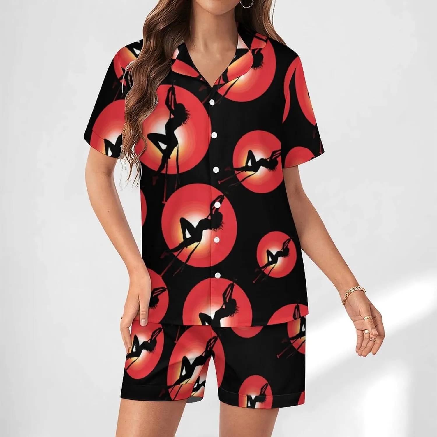 Pole Fitness Dance Women's Satin Pajama Set Short Sleeve Button Down Sleepwear Loungewear Pj Set