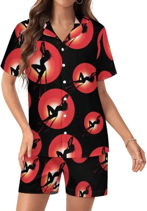 Pole Fitness Dance Women's Satin Pajama Set Short Sleeve Button Down Sleepwear Loungewear Pj Set