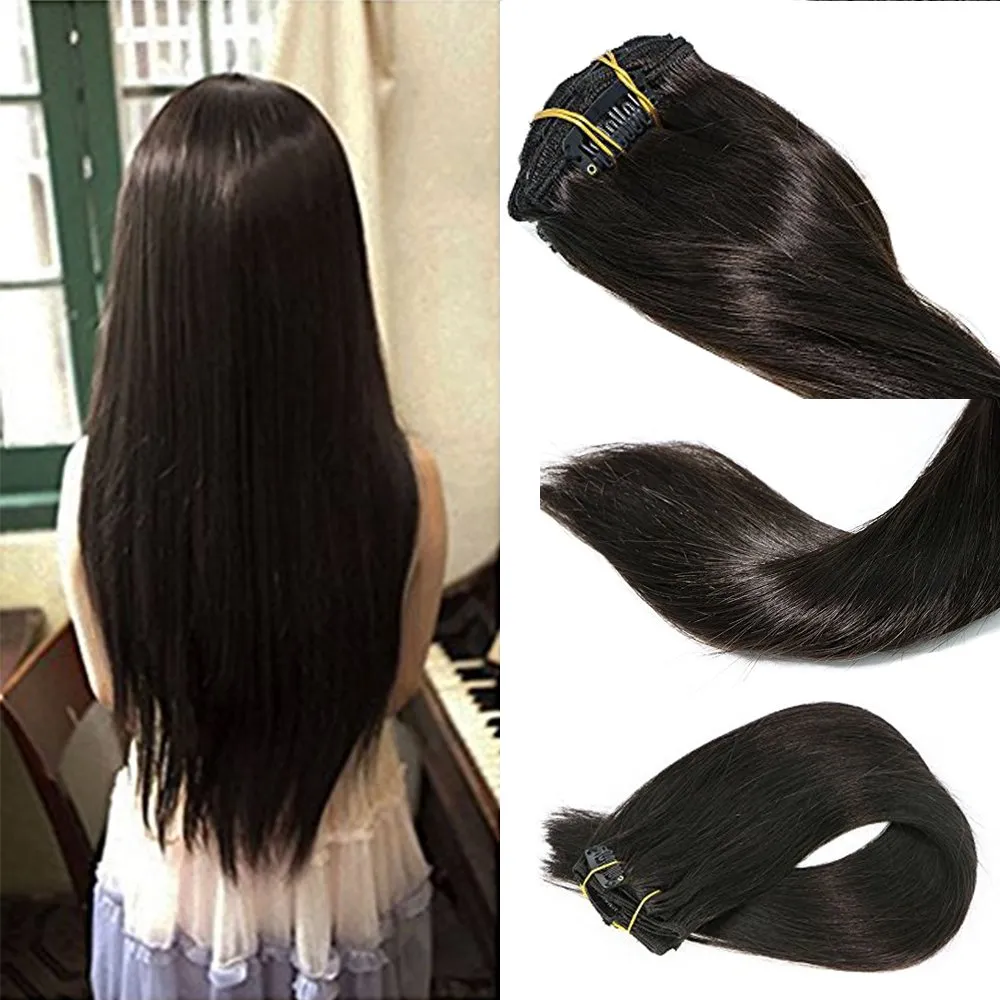 PolestarHair 70 Gram Clip in Hair Extensions Real Human Hair Extensions Natural Black Color 7 Pieces Silky Straight Weft Remy Virgin Hair (22inches, 1B)