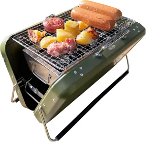 Portable BBQ Charcoal Grill, Folding Stainless Steel Mini Grill for Camping, Hiking, Outdoor Cooking, Small Tabletop Picnics, Backyard, Tailgating, Compact Travel BBQ Carry Bag