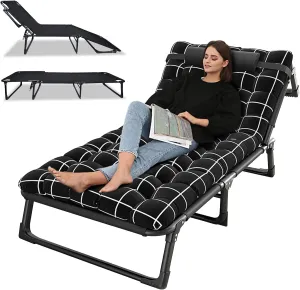 Portable Camping Cot, Adjustable 4-Position Adults Reclining Folding Chaise with Comfortable Mattress Cots for Sleeping, Outdoor Lounge Chair Sleeping Cot Bed for Office Pool Beach Patio