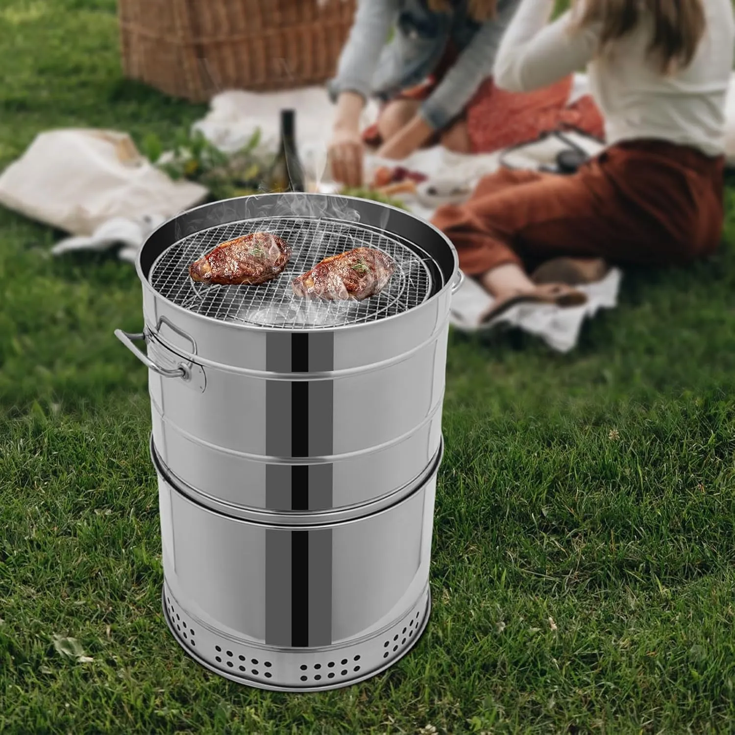 Portable Charcoal Barrel Grill 16.14" Smokeless Stainless Steel Grill with 50 Skewers & Accessories for Camping, Backyard, Picnics | Oil Separation Design