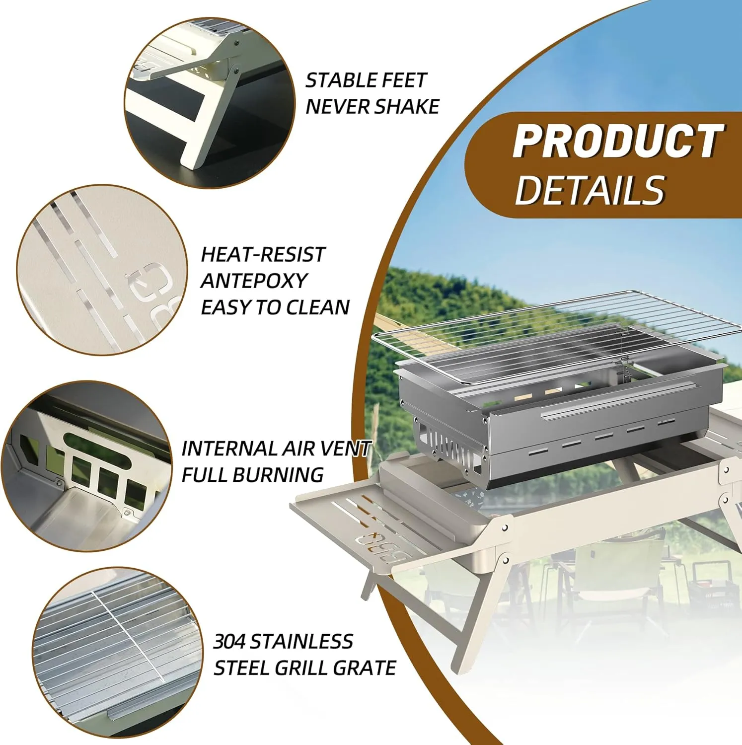 Portable Charcoal Foldable Grill, Small Grills Outdoor Cooking for Travel, Camping Smoker BBQ Grill, Stainless Steel Table Top Grill Charcoal for Outdoor Cooking,Camping,Backyard Barbecue