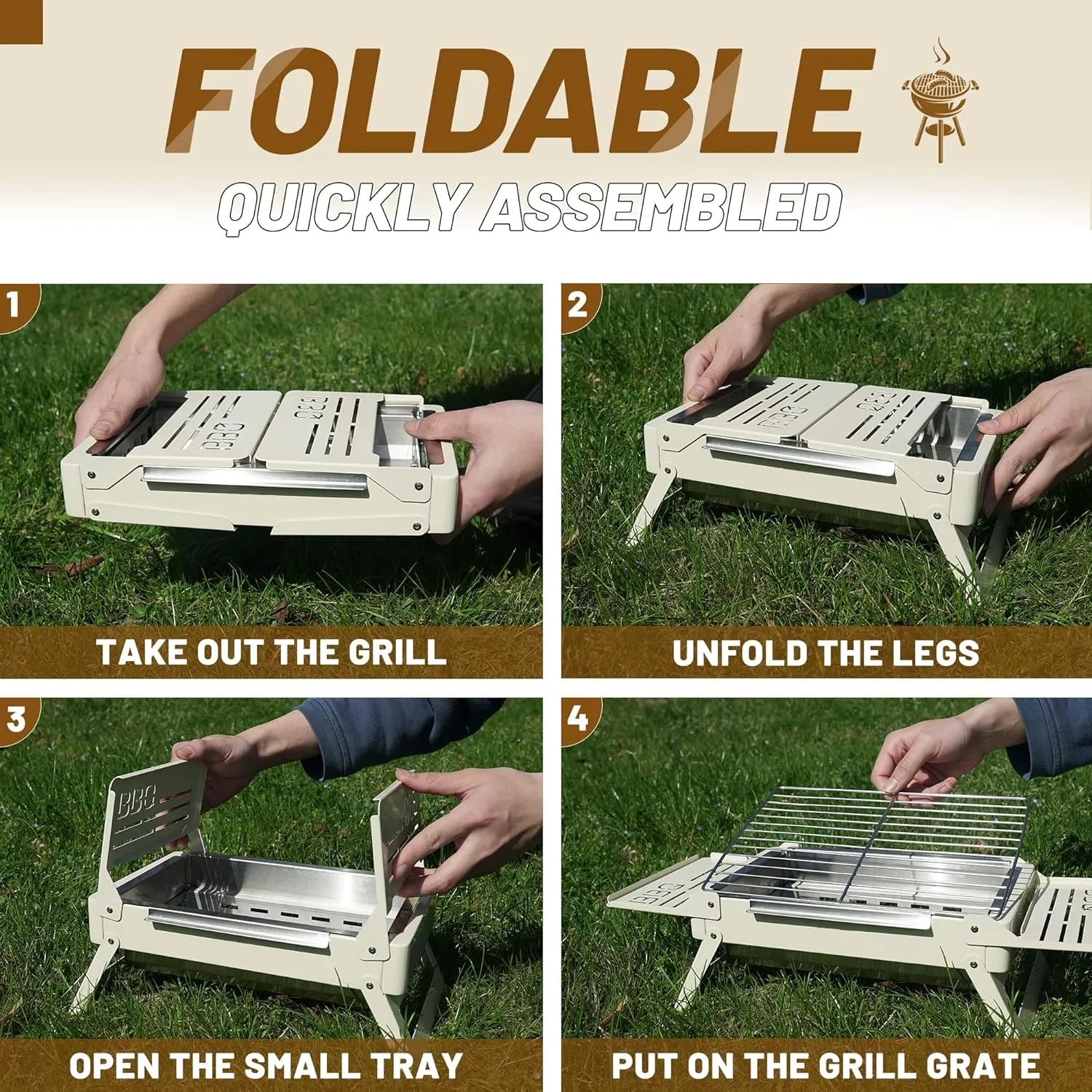 Portable Charcoal Foldable Grill, Small Grills Outdoor Cooking for Travel, Camping Smoker BBQ Grill, Stainless Steel Table Top Grill Charcoal for Outdoor Cooking,Camping,Backyard Barbecue