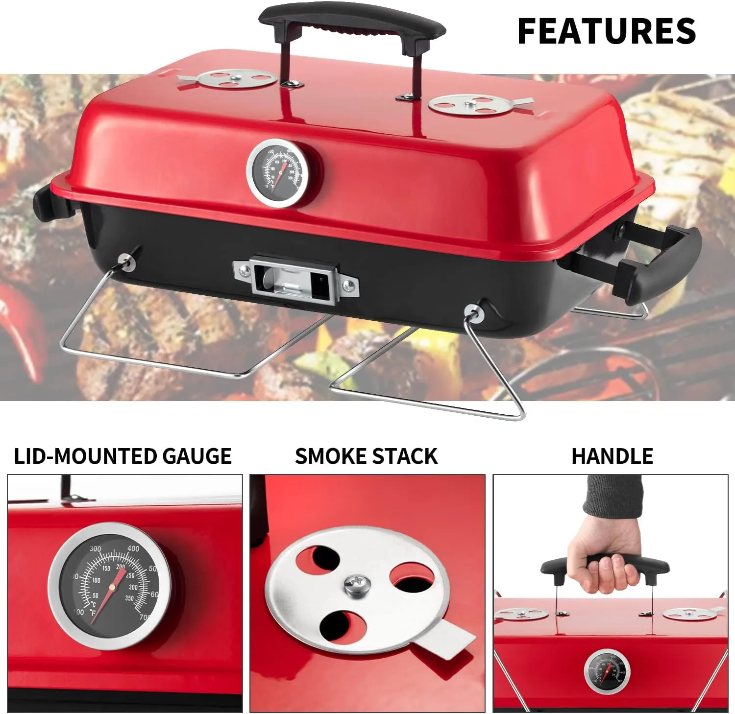 Portable Charcoal Grill, Tabletop Outdoor Barbecue Smoker, Small BBQ Grill for Outdoor Cooking Backyard Camping Picnics Beach,RED