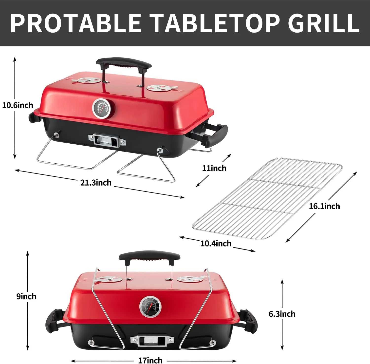 Portable Charcoal Grill, Tabletop Outdoor Barbecue Smoker, Small BBQ Grill for Outdoor Cooking Backyard Camping Picnics Beach,RED