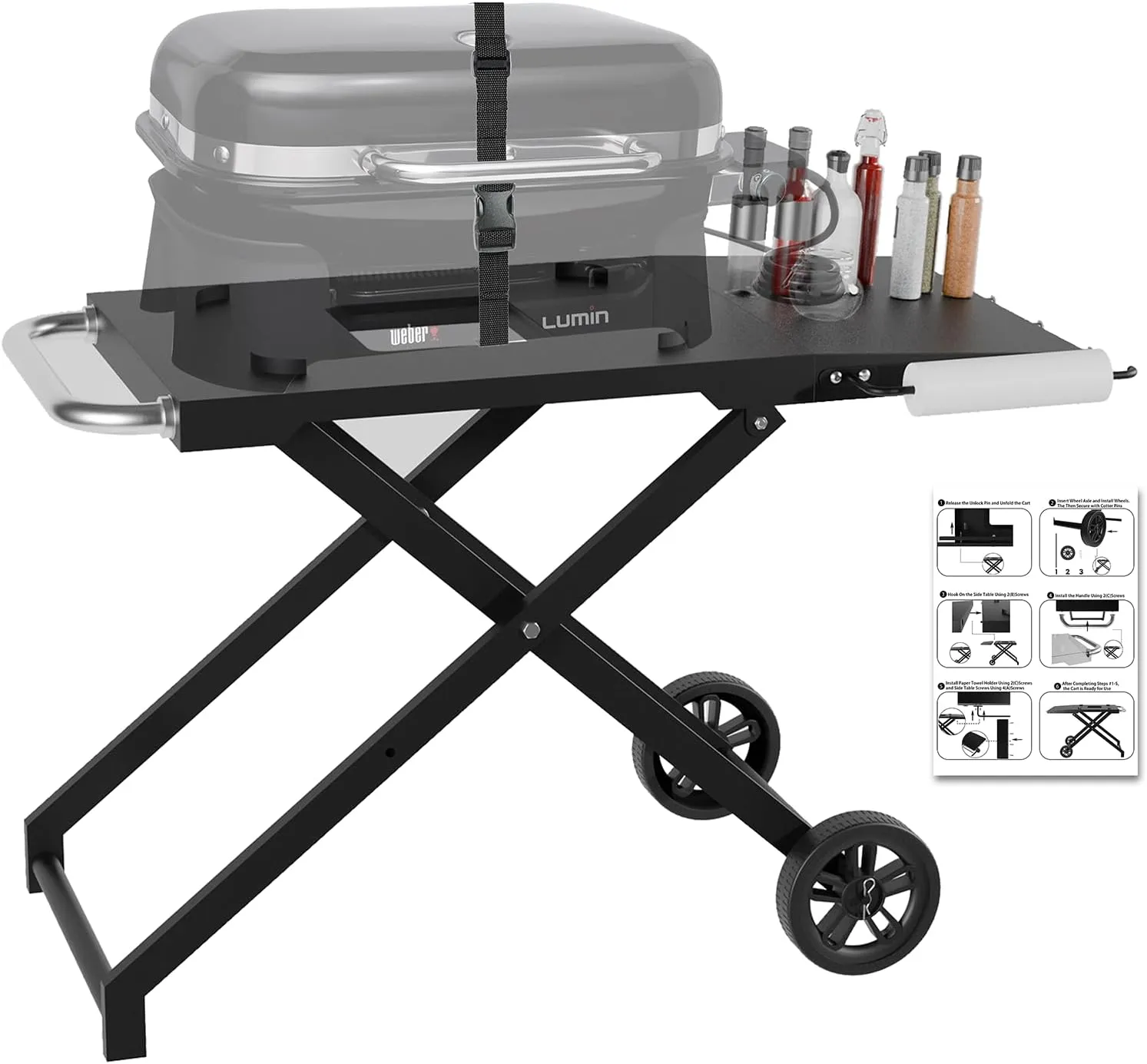 Portable Grill Cart for Weber 91010901 91300901 91280901 91400901, Grill Table for Outdoor BBQ, Folding Stand for Weber Lumin Compact Electric Grill, Grill Stand with Paper Towel Holder & Side Table