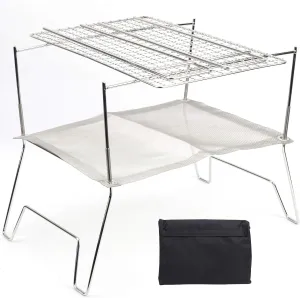 Portable Stainless Steel Grill and Fire Pit, BBQ Tool Kits Folding Grill with Baking Net for Outdoor Cooking Camping Hiking Picnics Tailgating Backpacking