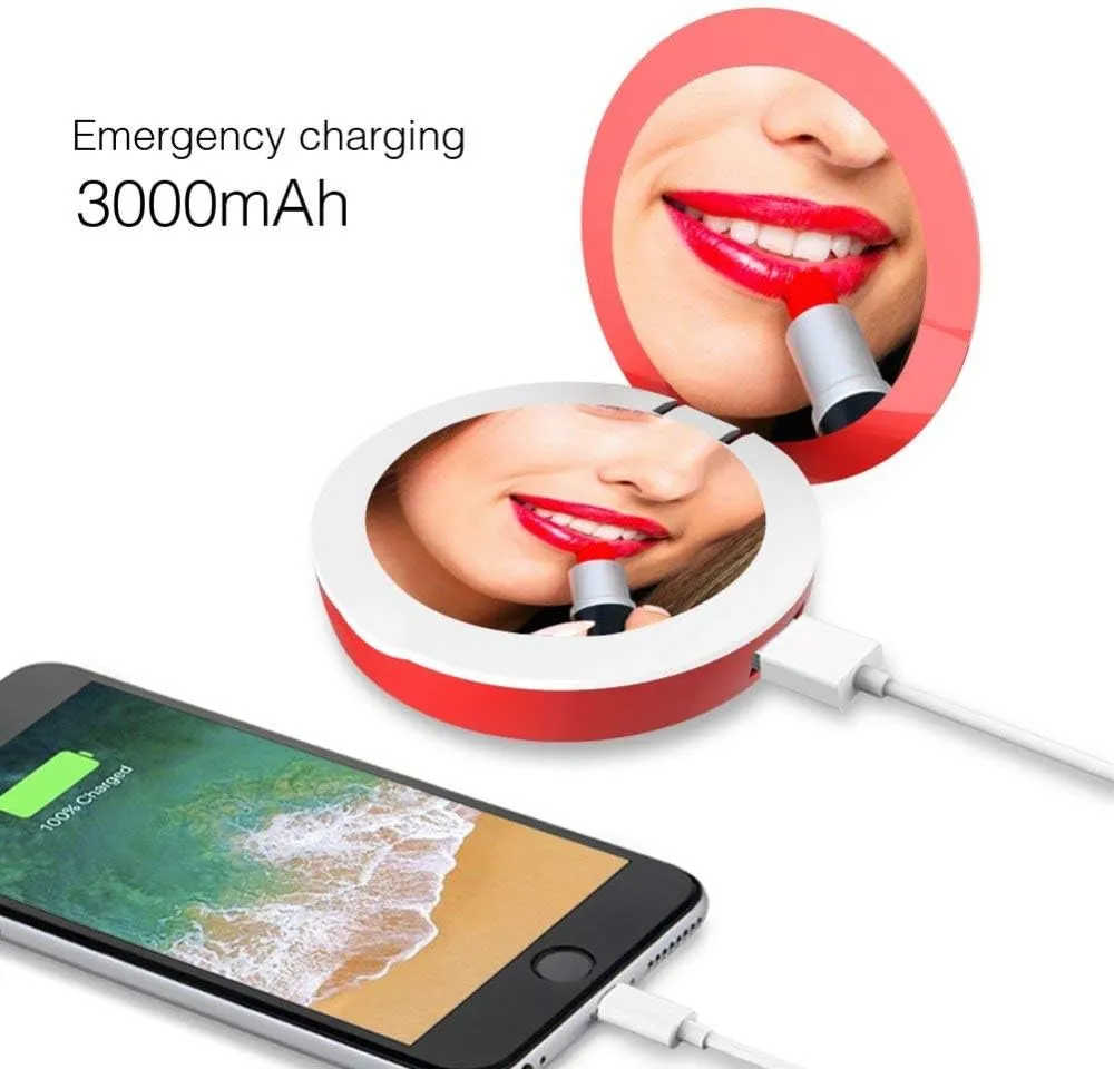 Power Bank Handheld Mini Round Led Mirror 1X/3X Magnifying Lighted, Portable LED Compact Travel Makeup Mirror For Charges IPhones/IPads/Android,Red