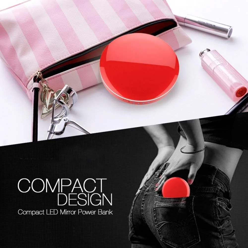 Power Bank Handheld Mini Round Led Mirror 1X/3X Magnifying Lighted, Portable LED Compact Travel Makeup Mirror For Charges IPhones/IPads/Android,Red