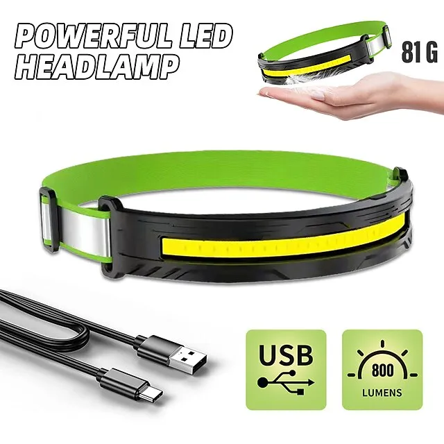 Powerful LED Headlamp COB Headlight USB Rechargeable Head Flashlight Torch Waterproof Camping Fishing Lantern Red Warning Light
