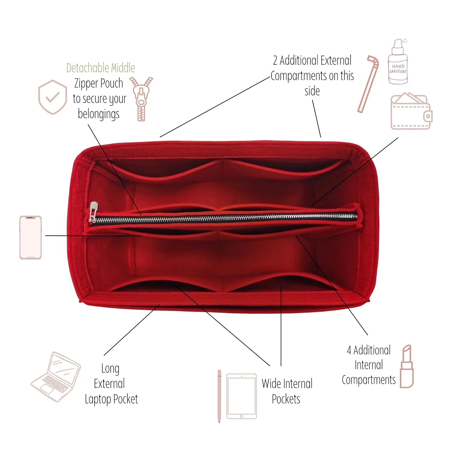 Premium Purse Organizer for Mini Anjou Bag Organizer Insert, fits Anjou PM Organizer, Anjou GM Insert, Handmade 2mm Thick Oval Shaped Felt Snug Sturdy Silver Zip (For Anjou Mini, Lightcoffee)