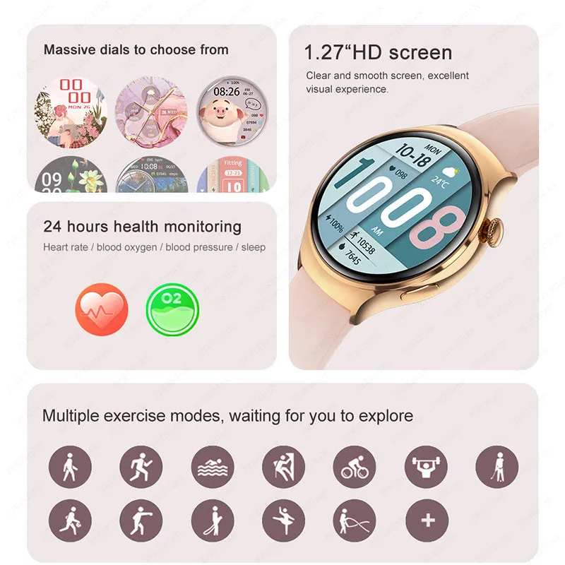 Premium Smartwatch for Women - AMOLED Display, Bluetooth Calling, NFC, GPS, IP68 Waterproof, Multiple Sports Modes, Heart Rate & Blood Pressure Monitoring