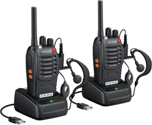 Proster Rechargeable Walkie Talkies 1 Pair - Long Range Two Way Radios 16 Channel Handheld Walky Talky, with USB Charger 2 Pack Earpiece Mic for Walkie Talkies