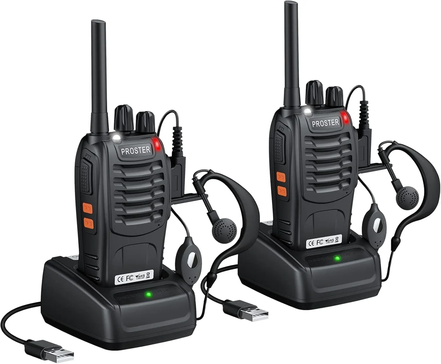 Proster Rechargeable Walkie Talkies 1 Pair - Long Range Two Way Radios 16 Channel Handheld Walky Talky, with USB Charger 2 Pack Earpiece Mic for Walkie Talkies