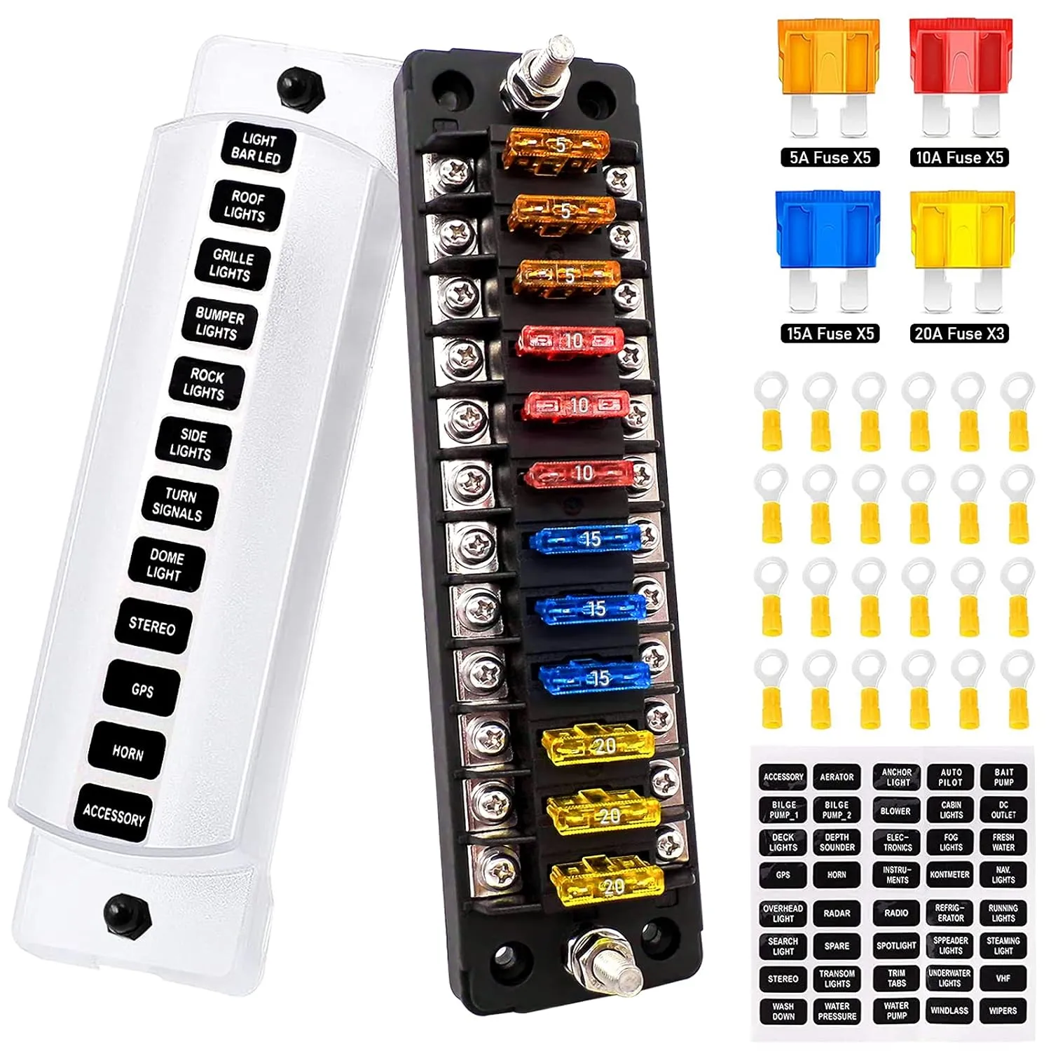 PSEQT 12 Way Blade Fuse Block with Negative Bus ATC/ATO Waterproof Marine Automotive Fuse Box Standard Circuit Holder Panel for Auto Boat Yacht Vehicle Auto RV Car Trailer Truck SUV