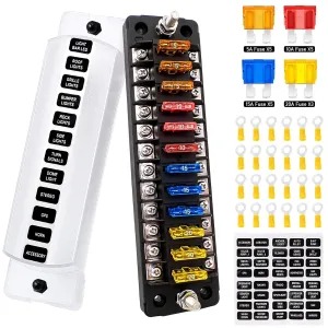 PSEQT 12 Way Blade Fuse Block with Negative Bus ATC/ATO Waterproof Marine Automotive Fuse Box Standard Circuit Holder Panel for Auto Boat Yacht Vehicle Auto RV Car Trailer Truck SUV