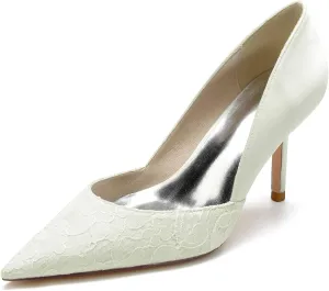 Pumps for Women Pointed Toe Stiletto High Heels Lace Satin Slip-On Wedding Shoes Ideal for Business Office Dress Weddings Fashion Events,Ivory,5