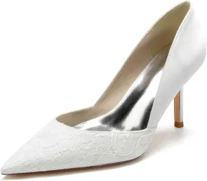 Pumps for Women Pointed Toe Stiletto High Heels Lace Satin Slip-On Wedding Shoes Ideal for Business Office Dress Weddings Fashion Events,White,8.5