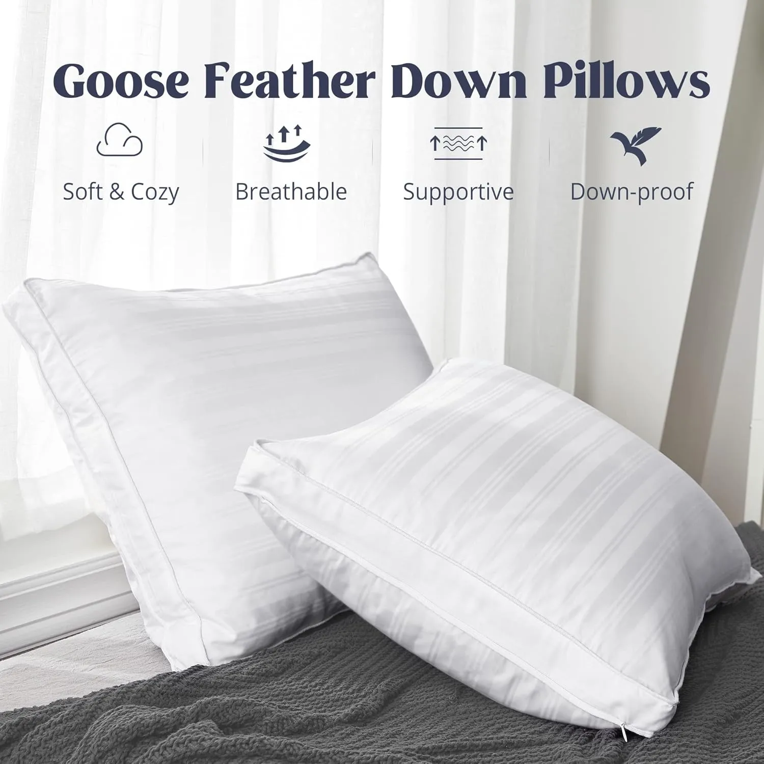 puredown® Goose Feathers and Down Pillow, Bed Pillow for Sleeping, Hotel Collection Gusseted 2 Outer Protectors, Cotton Fabric, White, King Size, Set of 2