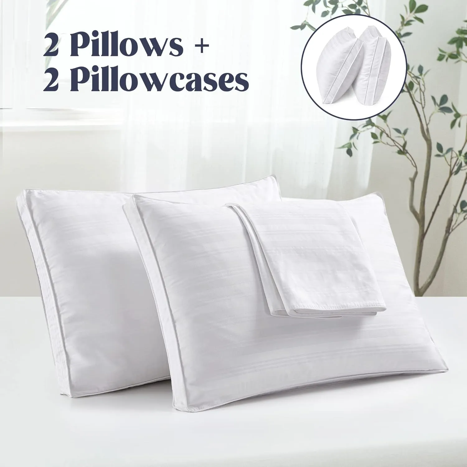 puredown® Goose Feathers and Down Pillow, Bed Pillow for Sleeping, Hotel Collection Gusseted 2 Outer Protectors, Cotton Fabric, White, King Size, Set of 2