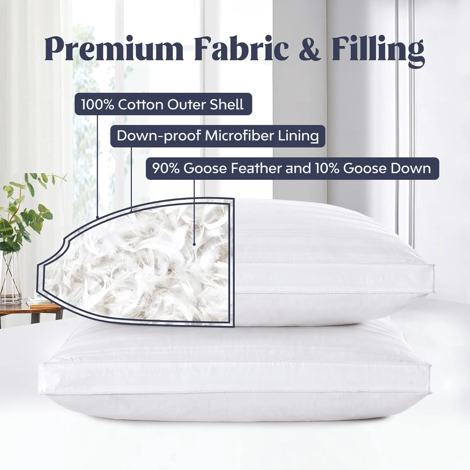 puredown® Goose Feathers and Down Pillow, Bed Pillow for Sleeping, Hotel Collection Gusseted 2 Outer Protectors, Cotton Fabric, White, King Size, Set of 2