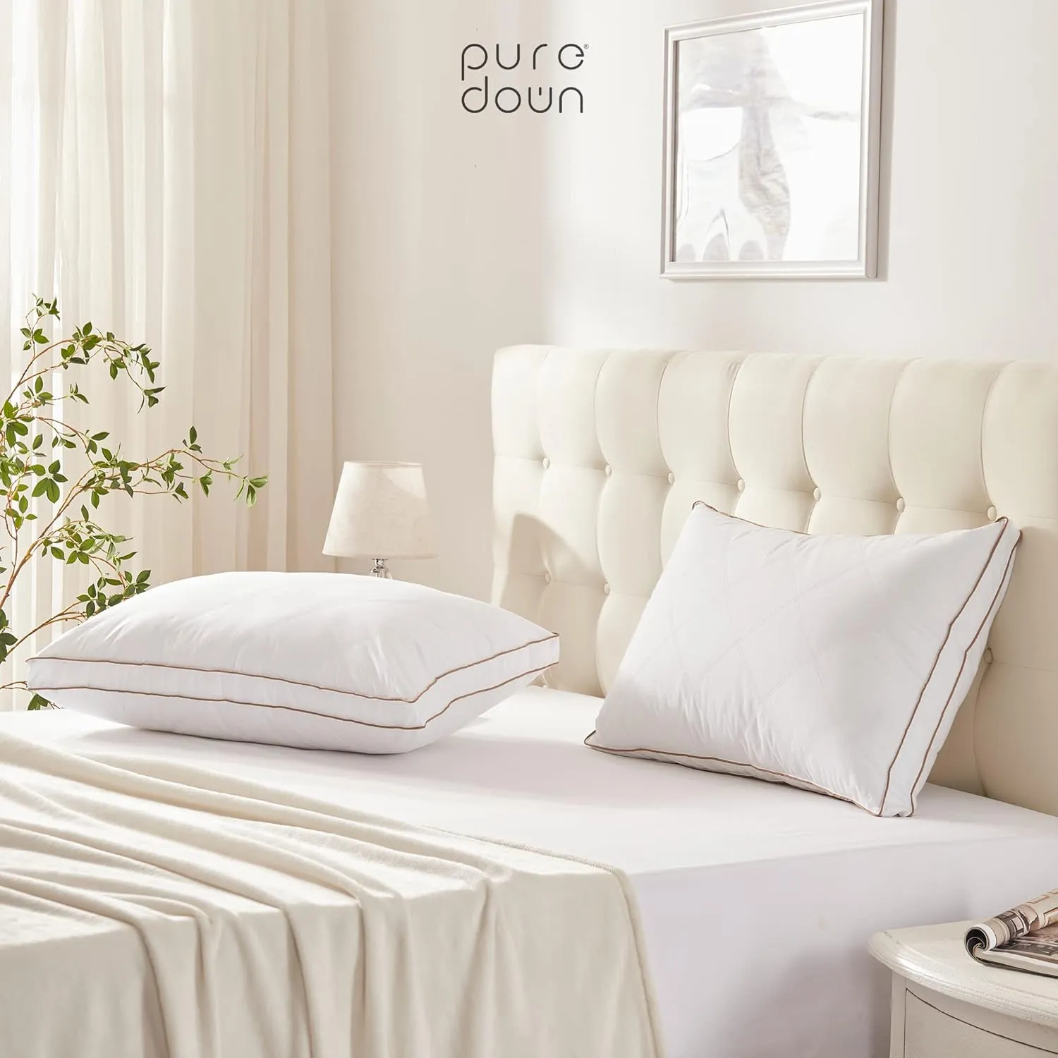 puredown® Goose Feathers and Down Pillow for Sleeping Gusseted Bed Hotel Collection Pillows, Queen, Set of 2