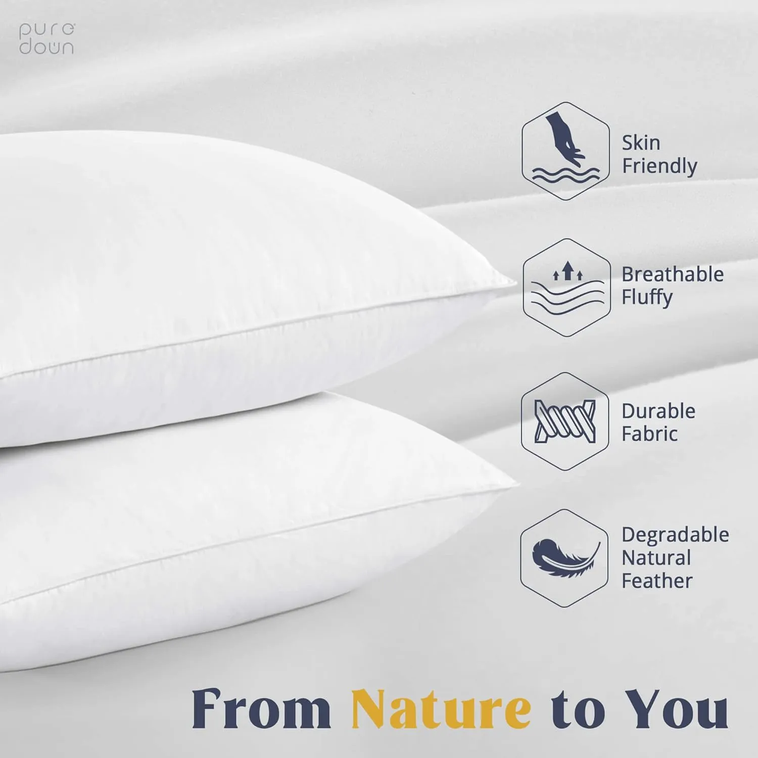 puredown® Goose Feathers and Down White Pillows with 100% Cotton Cover, Bed Sleeping Hotel Collection Pillows Set of 2, Standard Size