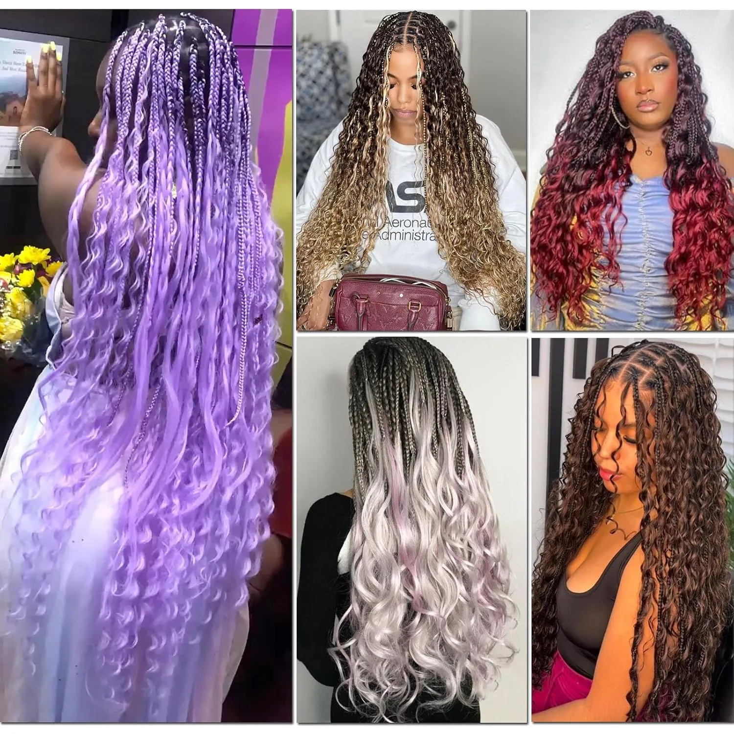 Purple Braiding Hair Pre Stretched with Boho Braids Curly Deep Ocean Wave Crochet Hair Natural Color Synthetic Knotless Boho Braiding Hair for Bohemian Braids 5 Packs