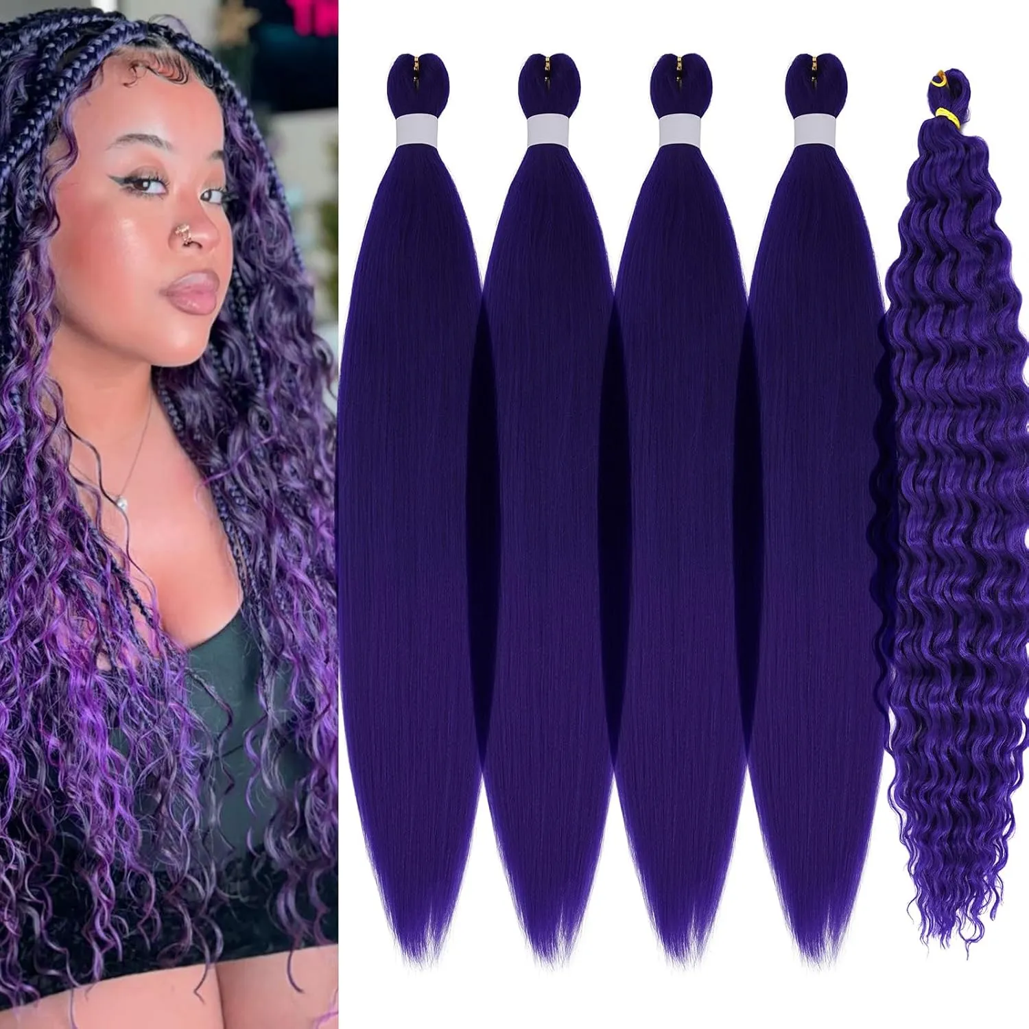 Purple Braiding Hair Pre Stretched with Boho Braids Curly Deep Ocean Wave Crochet Hair Natural Color Synthetic Knotless Boho Braiding Hair for Bohemian Braids 5 Packs
