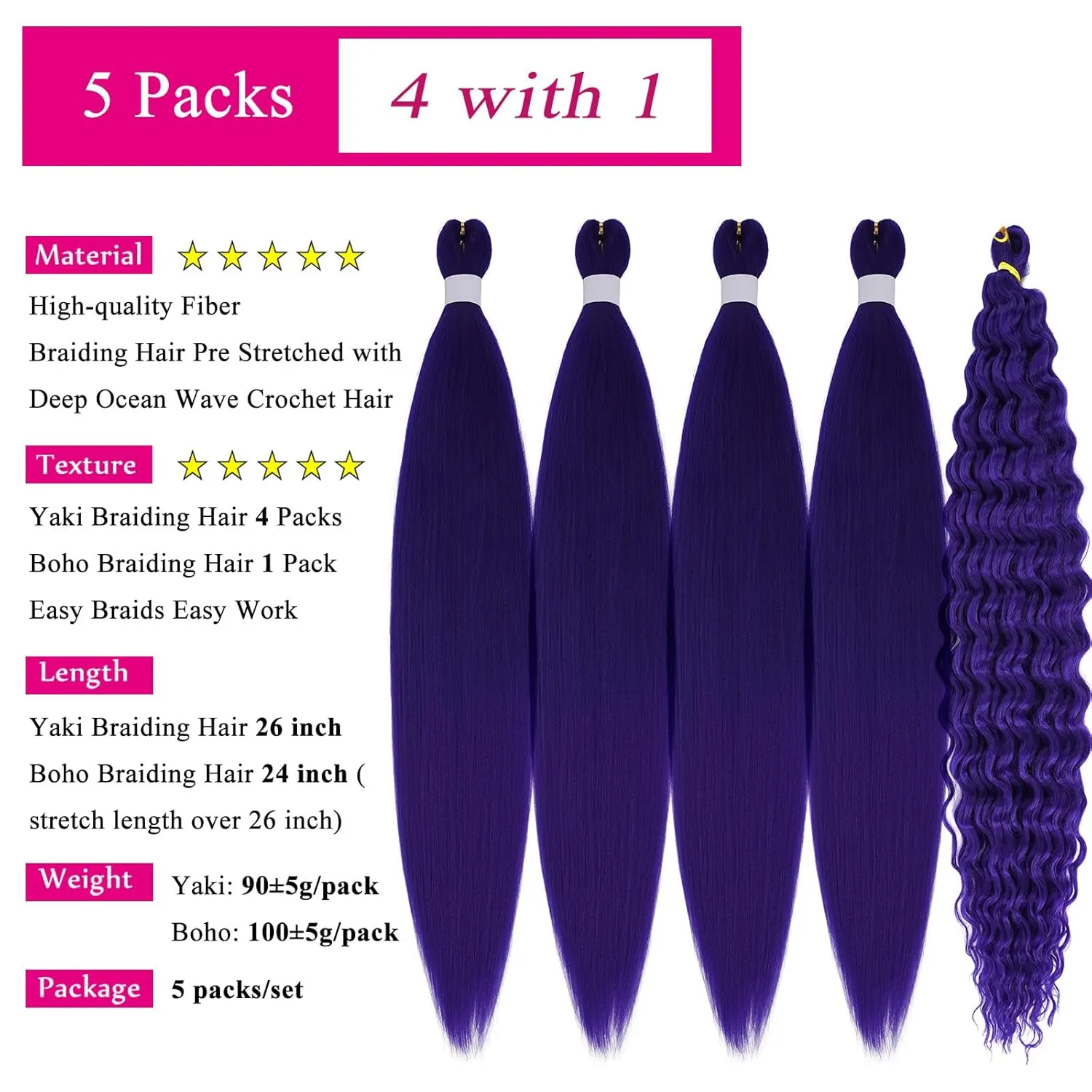 Purple Braiding Hair Pre Stretched with Boho Braids Curly Deep Ocean Wave Crochet Hair Natural Color Synthetic Knotless Boho Braiding Hair for Bohemian Braids 5 Packs