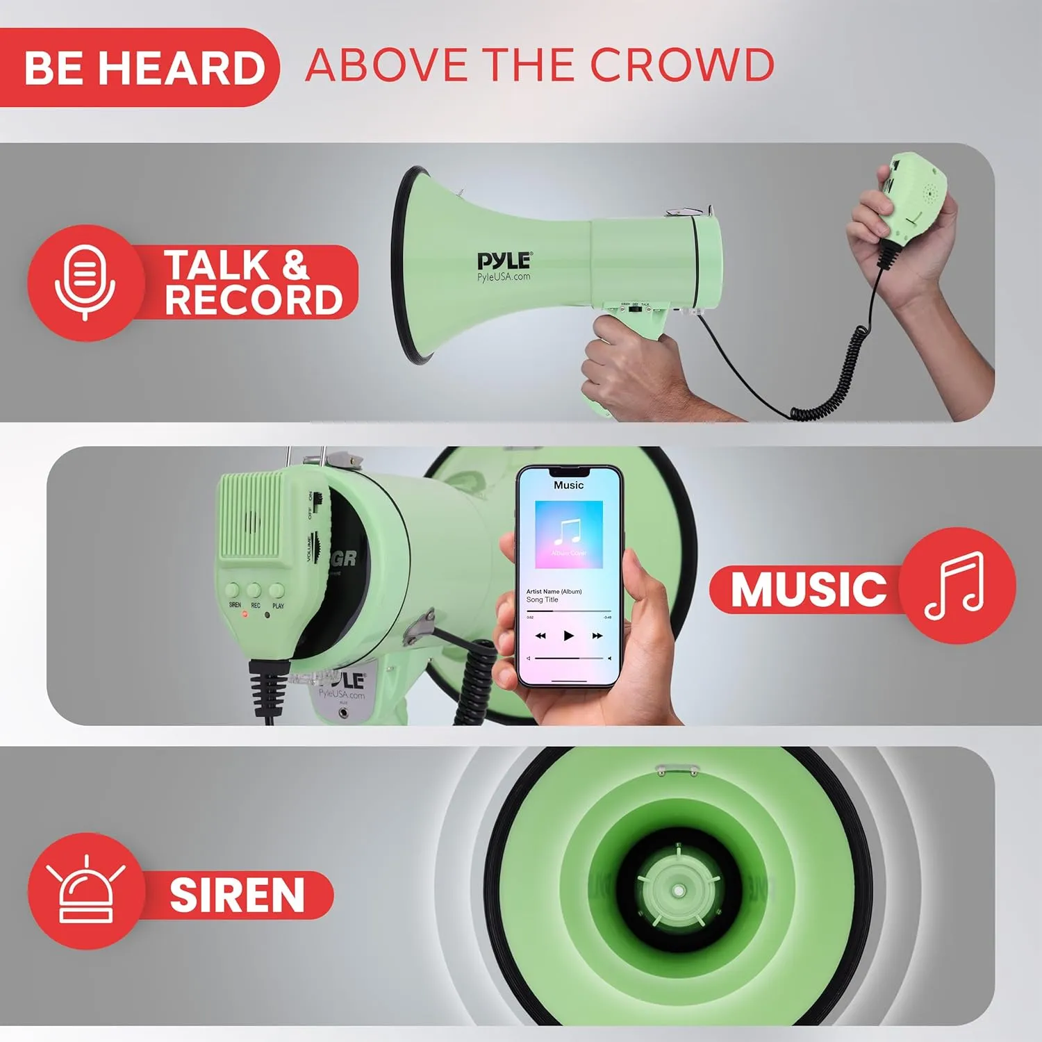 Pyle 50W Megaphone Bullhorn - Portable, Automatic Siren & Adjustable Volume, Projection Range Up to 1200 Square Yards, Aux Input, Talk, Siren, Music, Whistle, & Record, Shoulder Strap (Black)