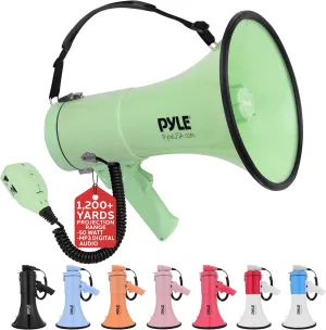 Pyle 50W Megaphone Bullhorn - Portable, Automatic Siren & Adjustable Volume, Projection Range Up to 1200 Square Yards, Aux Input, Talk, Siren, Music, Whistle, & Record, Shoulder Strap (Black)